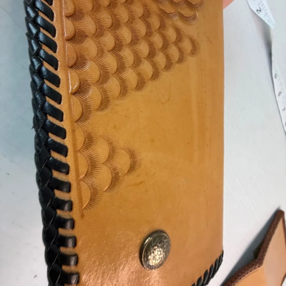Vintage Hand Tooled Leather Checkbook Cover Pyramid Pattern Bi-Fold Wallet